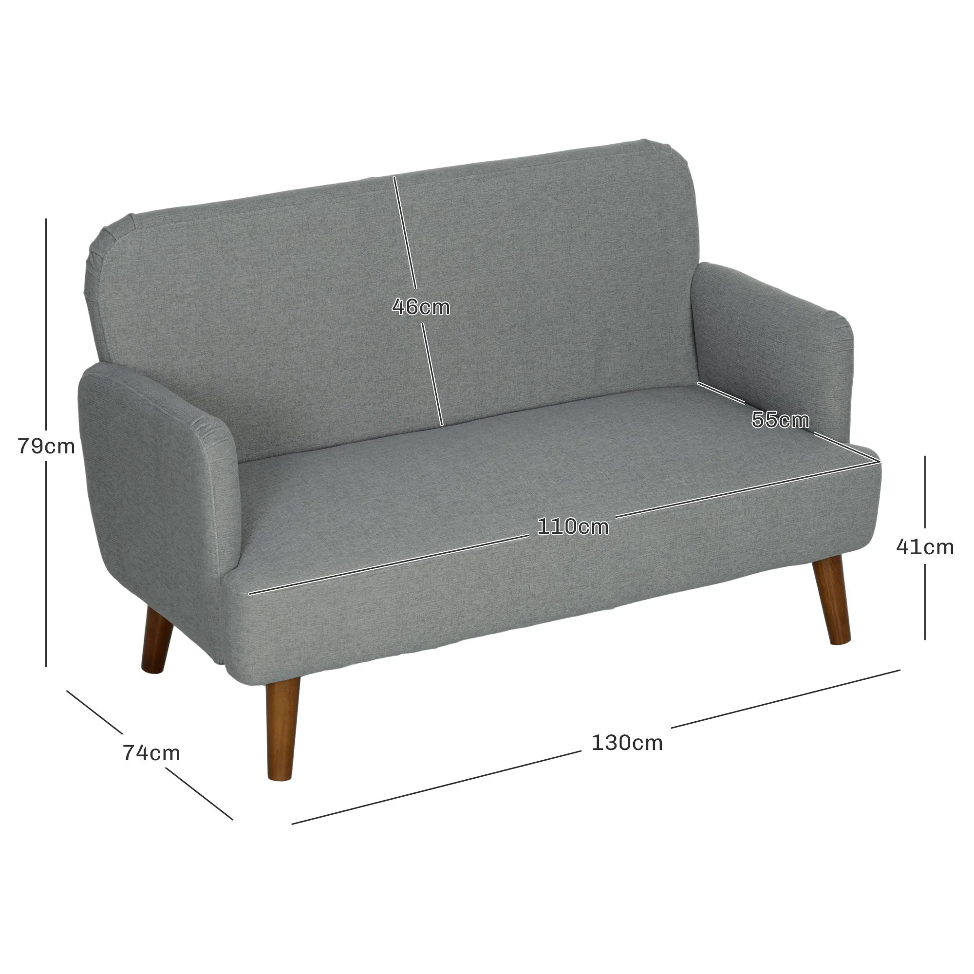 2 Seater Sofa with 21cm Thick Padding and Wood Legs, Grey