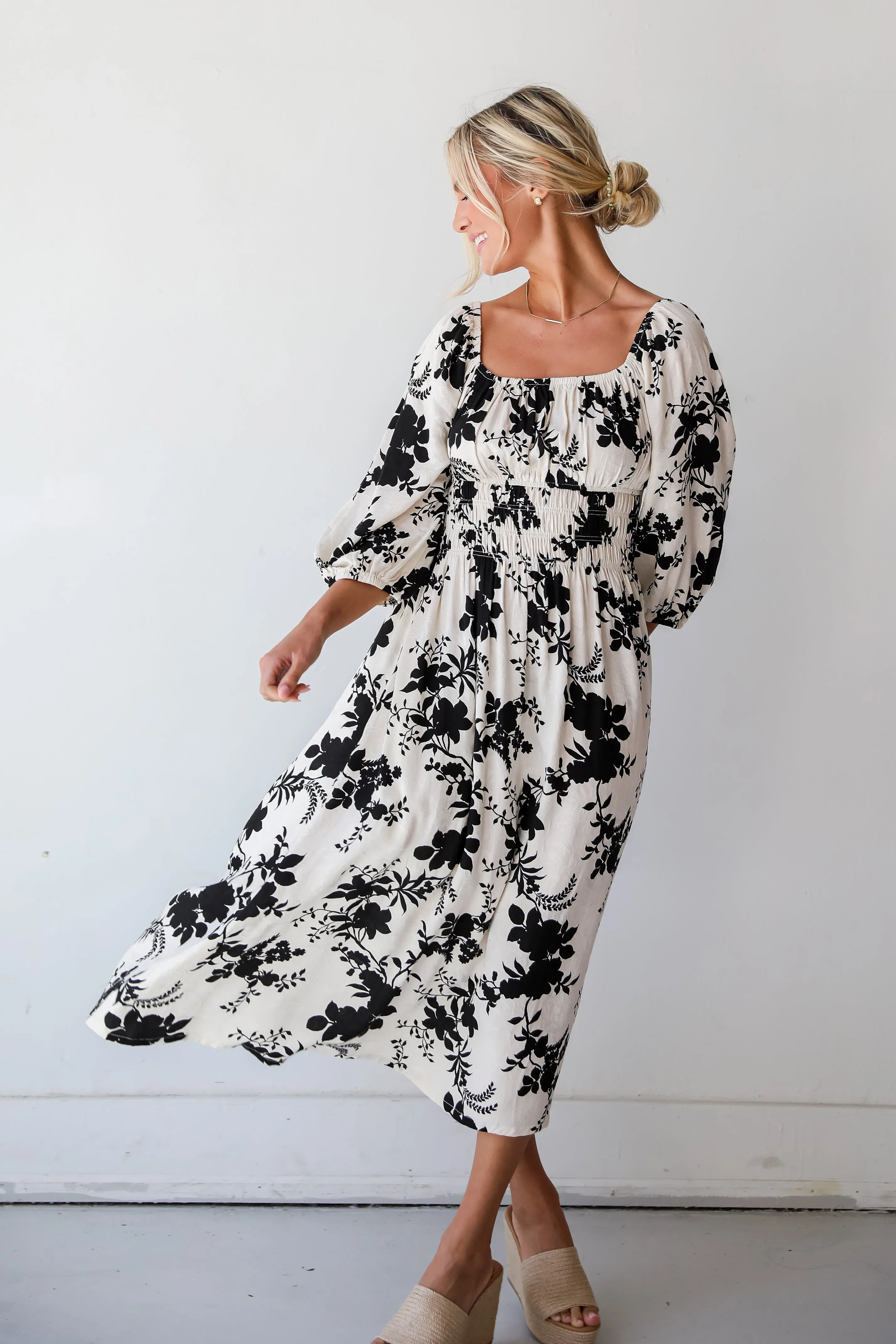 Adorably Elite Ivory Floral Midi Dress