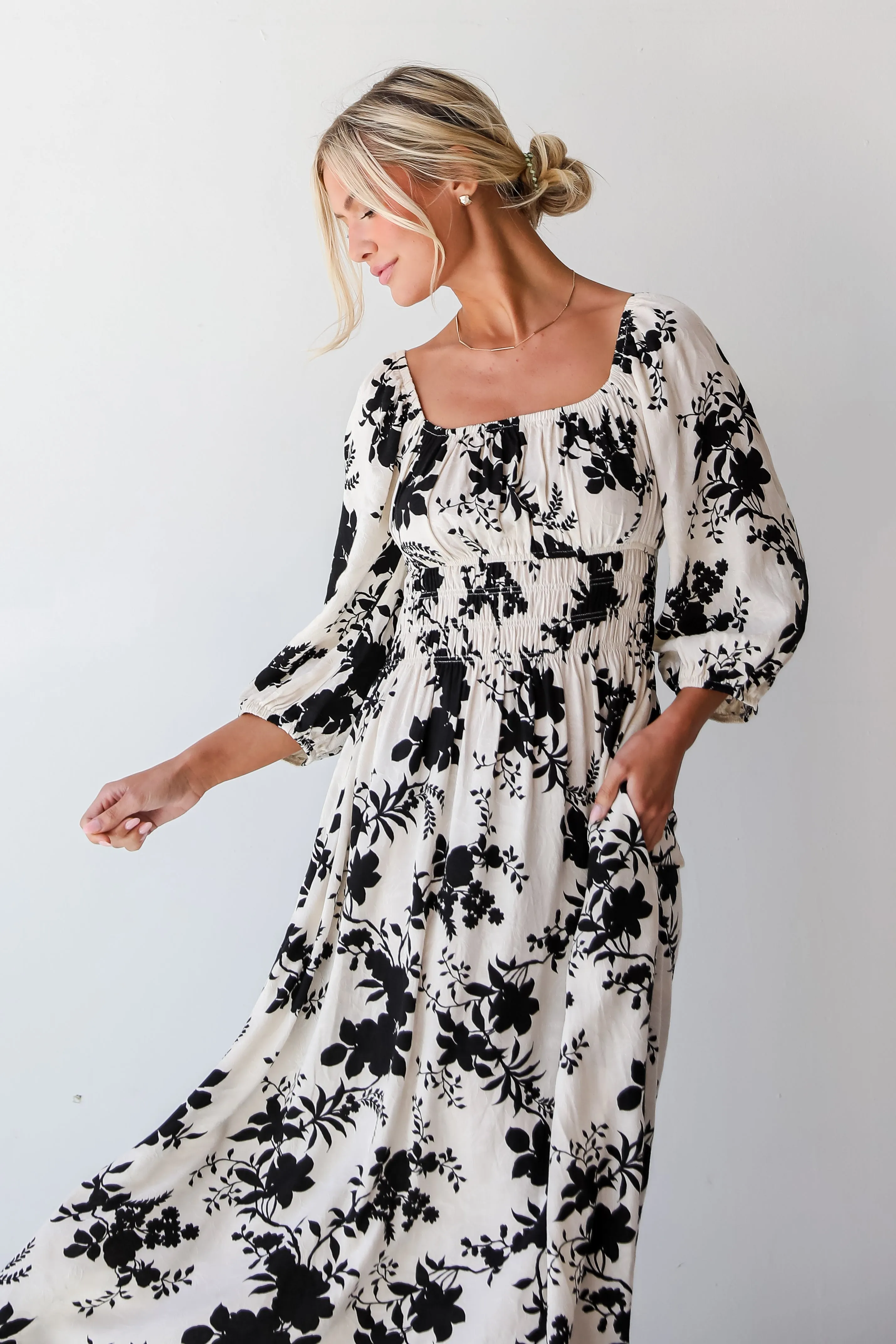 Adorably Elite Ivory Floral Midi Dress