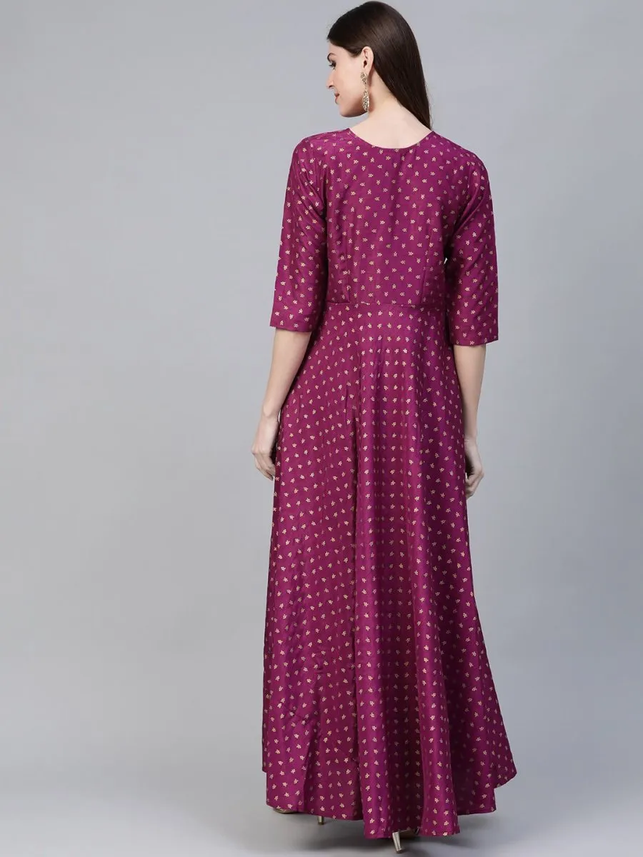 Ahalyaa Purple & Golden Screen Printed Maxi Dress