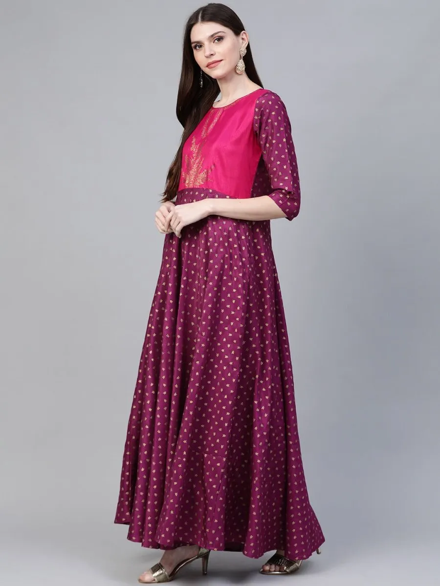 Ahalyaa Purple & Golden Screen Printed Maxi Dress