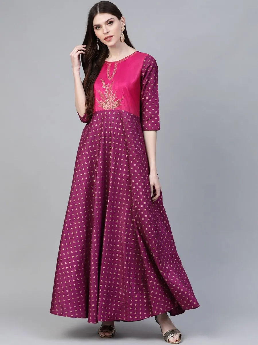 Ahalyaa Purple & Golden Screen Printed Maxi Dress