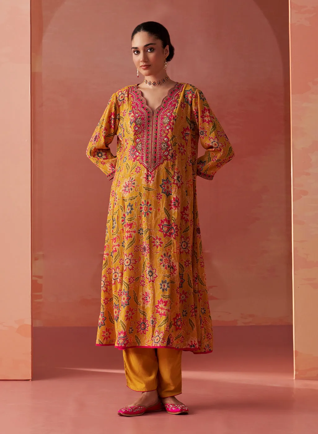 Alisha Mustard Printed Cotton Kurta Set