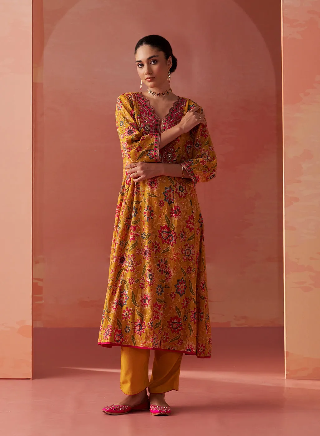 Alisha Mustard Printed Cotton Kurta Set