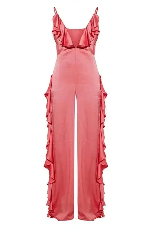 Angelina – Ruffle trim – Satin pantsuit