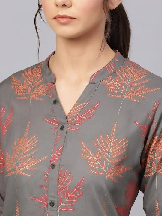 Anubhutee Charcoal Grey & Red Printed Straight Kurti