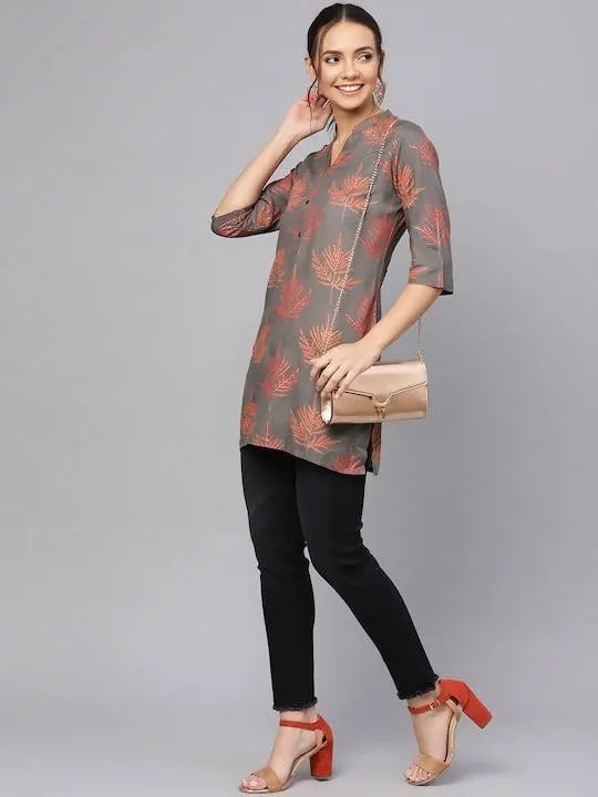 Anubhutee Charcoal Grey & Red Printed Straight Kurti