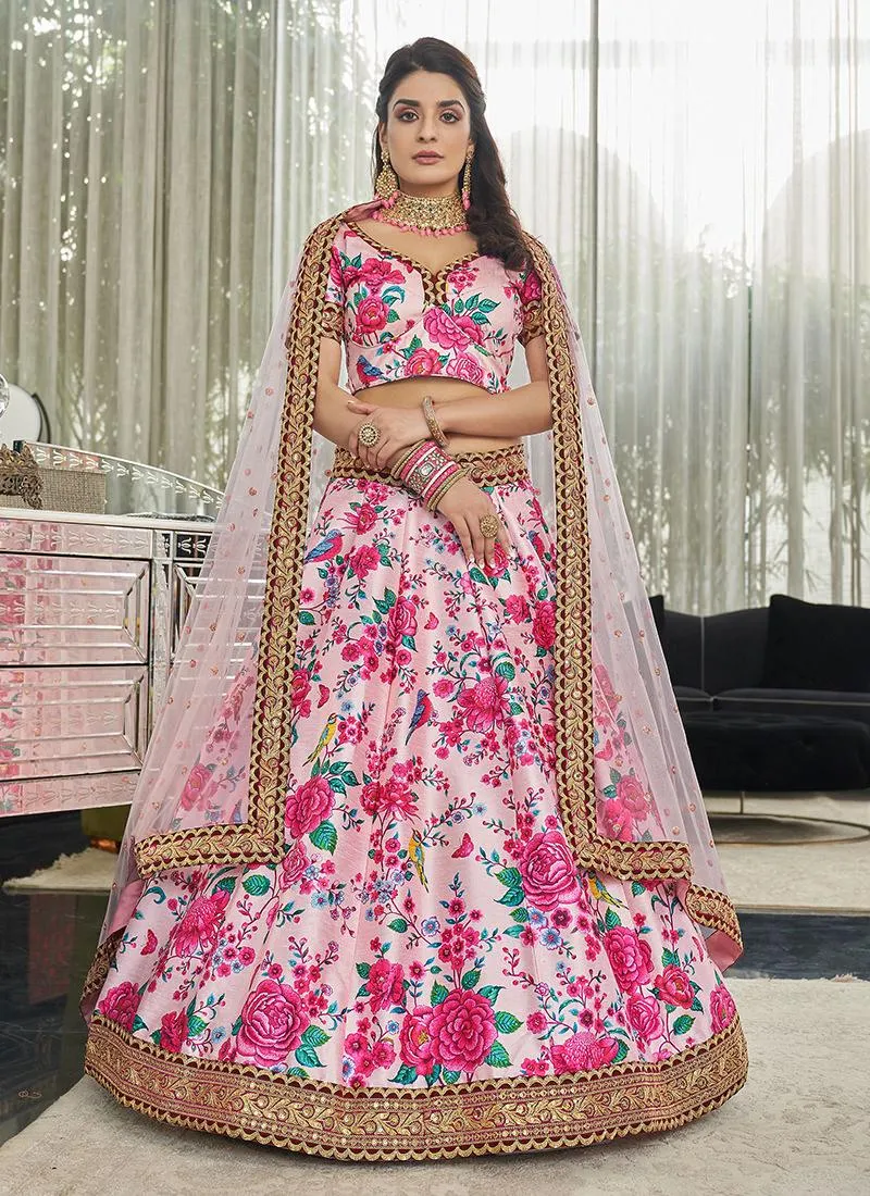 Art Silk Fabric Embroidered Light Pink Floral Lehenga