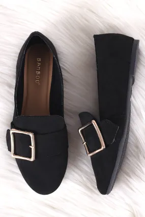 Bamboo Suede Round Toe Buckle Loafer Flat