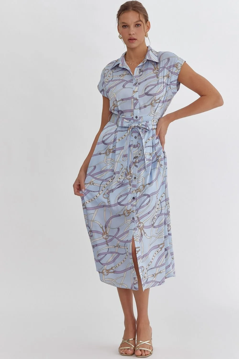 Belted Print Blue Midi Dress