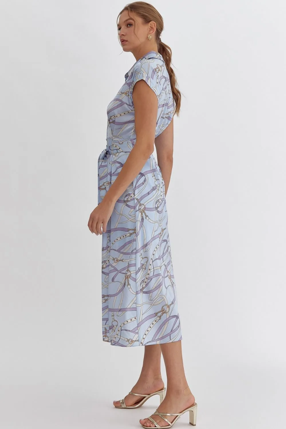 Belted Print Blue Midi Dress