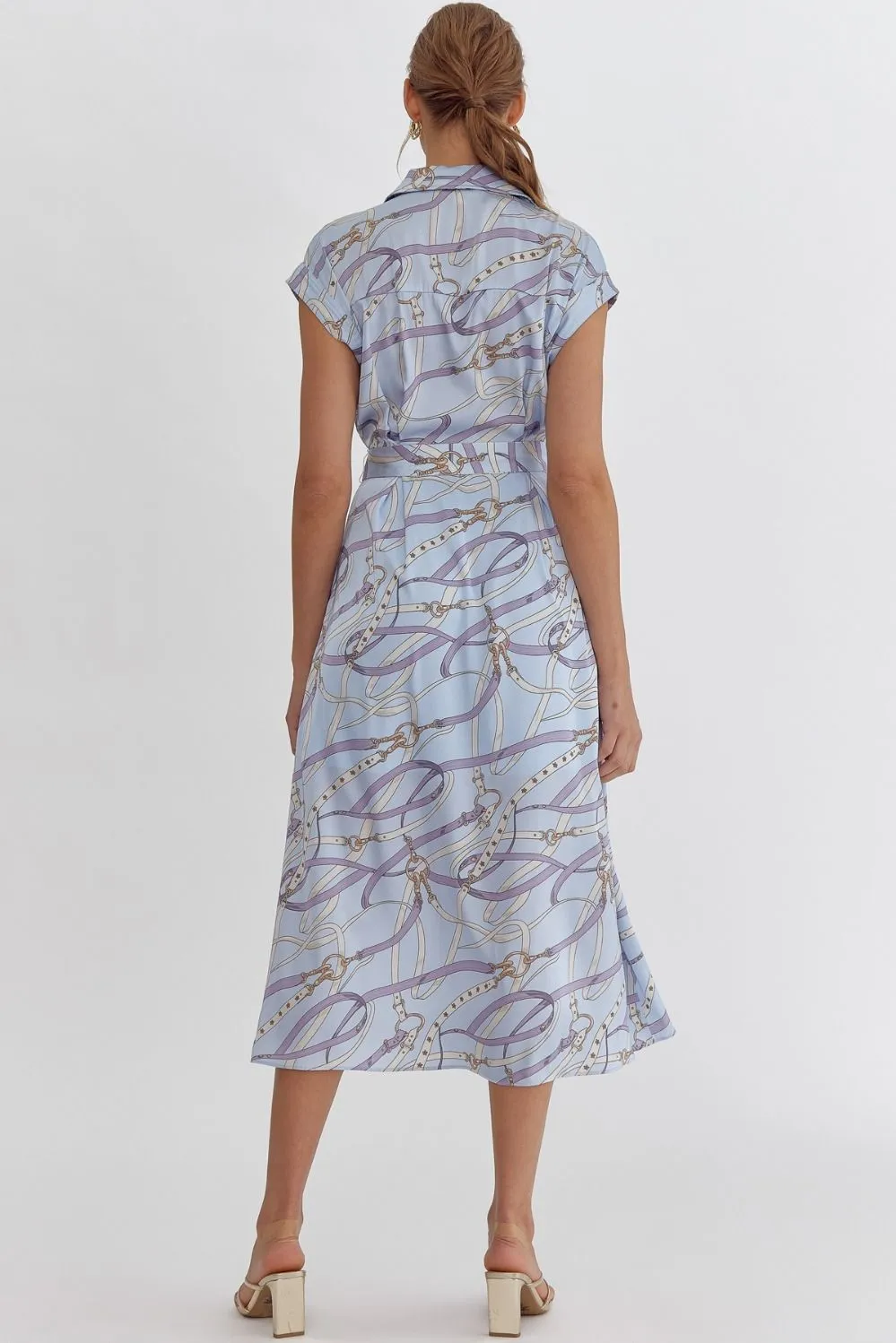 Belted Print Blue Midi Dress