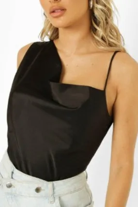 Black Cowl Neck Asymmetric Satin Bodysuit Top