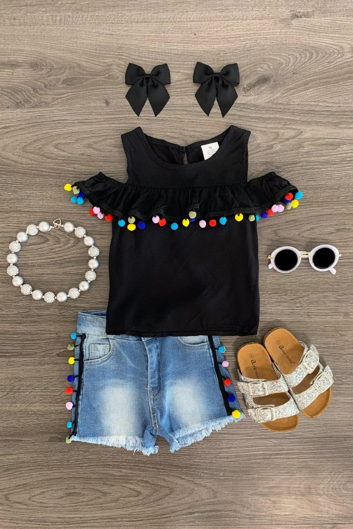 Black Pom Pom Denim Short Set