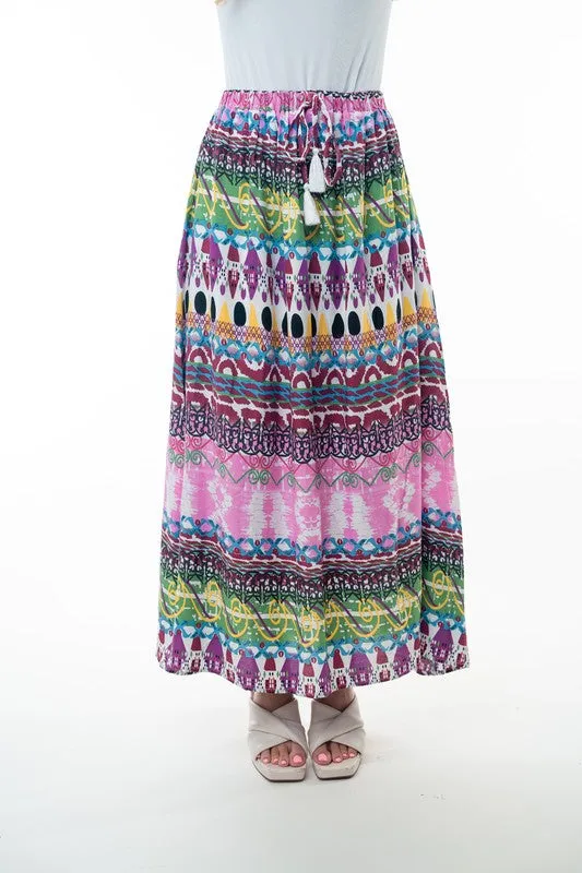 Bohemian Printed Elastic Waist Band Long Skirt with Tassels in Pink Combo by White Birch