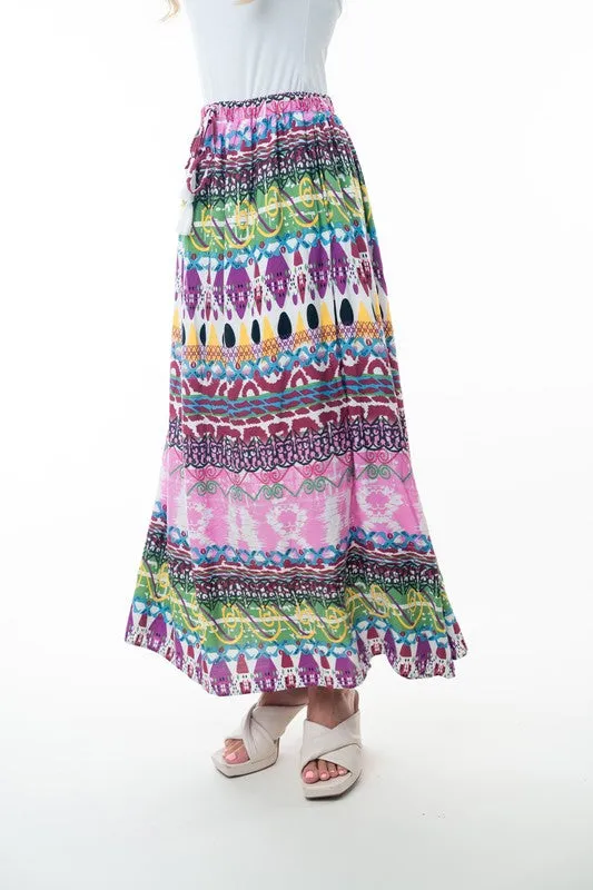 Bohemian Printed Elastic Waist Band Long Skirt with Tassels in Pink Combo by White Birch