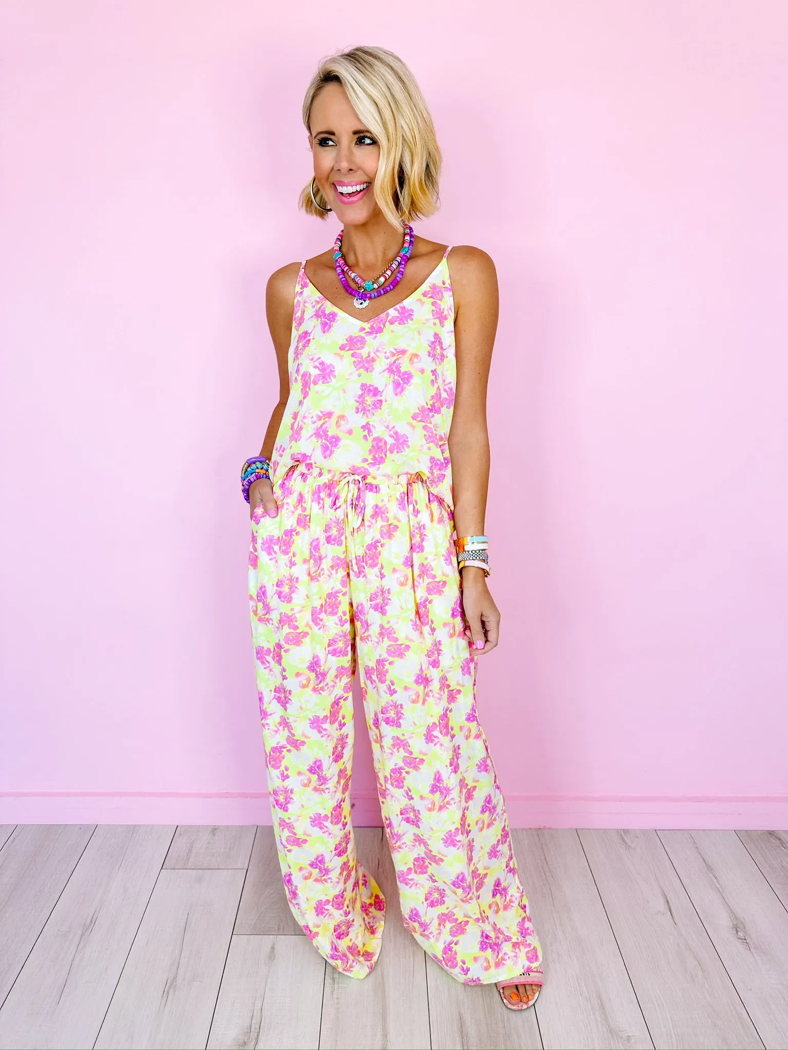 BRIGHT BLOOMS WIDE LEG PANT - LIME/PINK