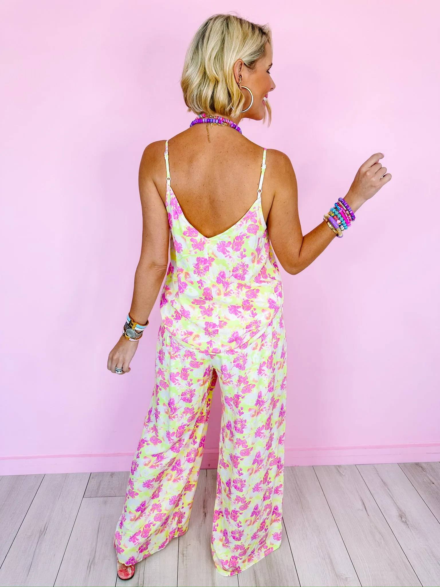 BRIGHT BLOOMS WIDE LEG PANT - LIME/PINK