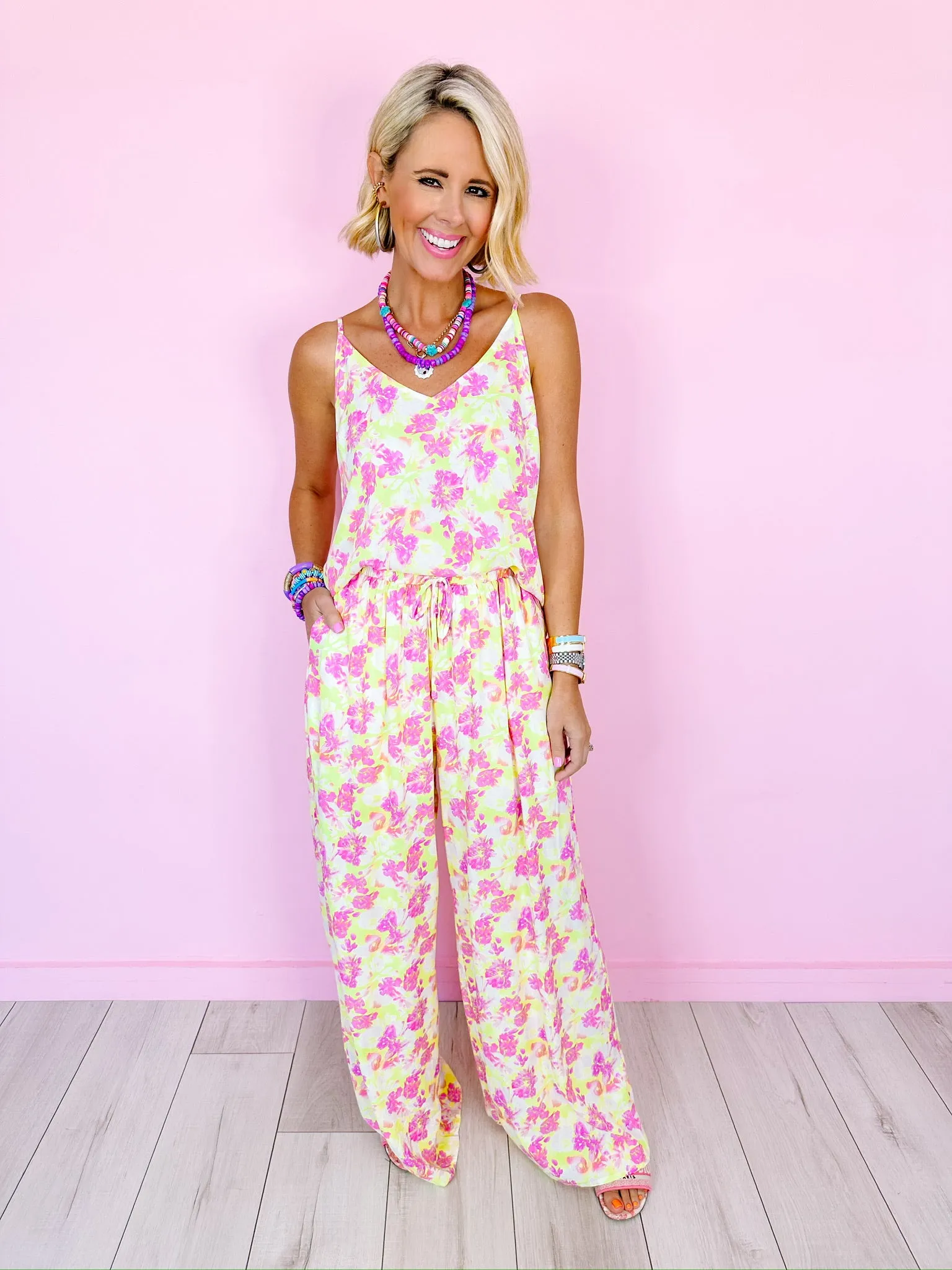 BRIGHT BLOOMS WIDE LEG PANT - LIME/PINK