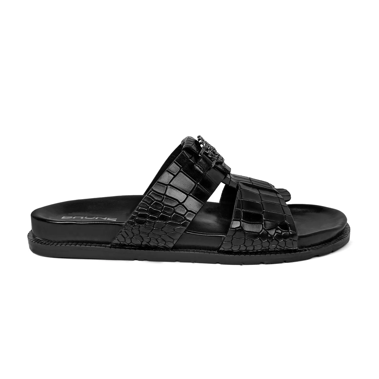 Broader Toe Strap Slippers in Black Leather