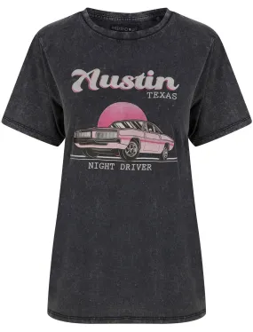 Cadillac Motif Acid Wash Cotton T-Shirt in Pirate Black - Weekend Vibes