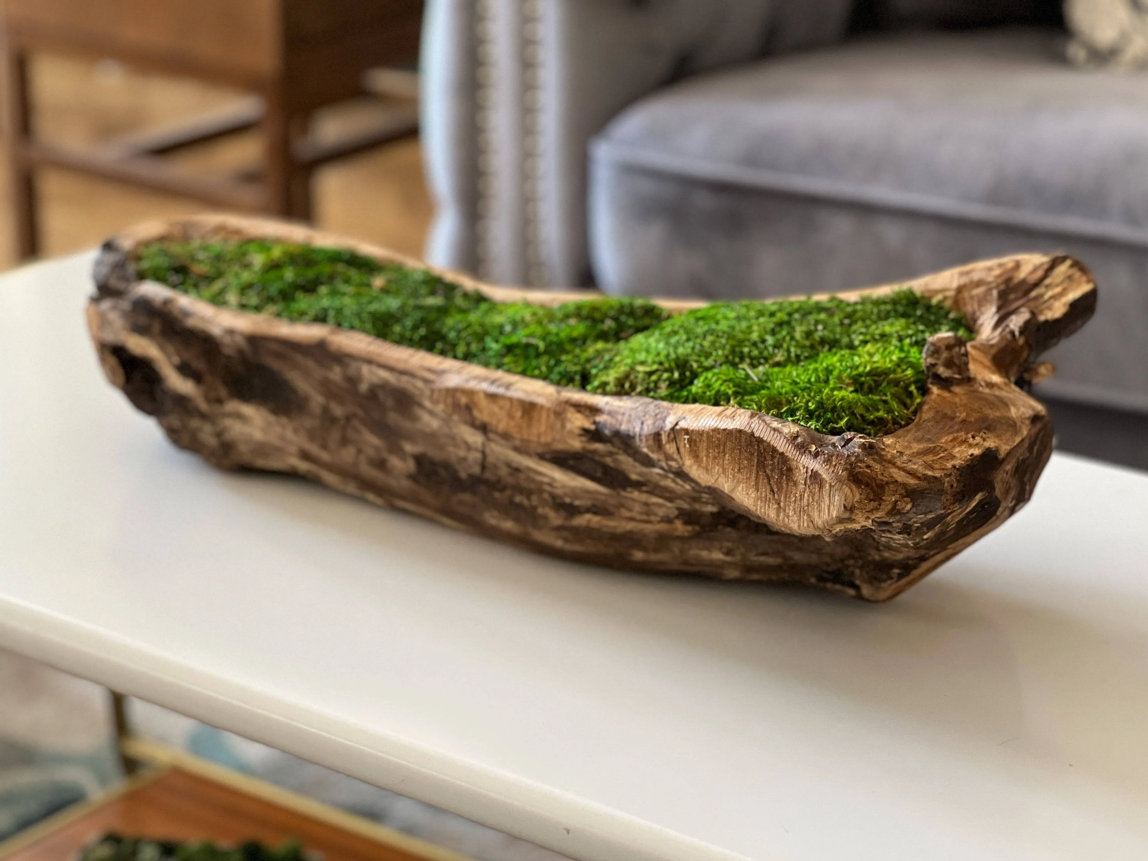 Carved Wooden Bowl Centerpiece with Lush Moss