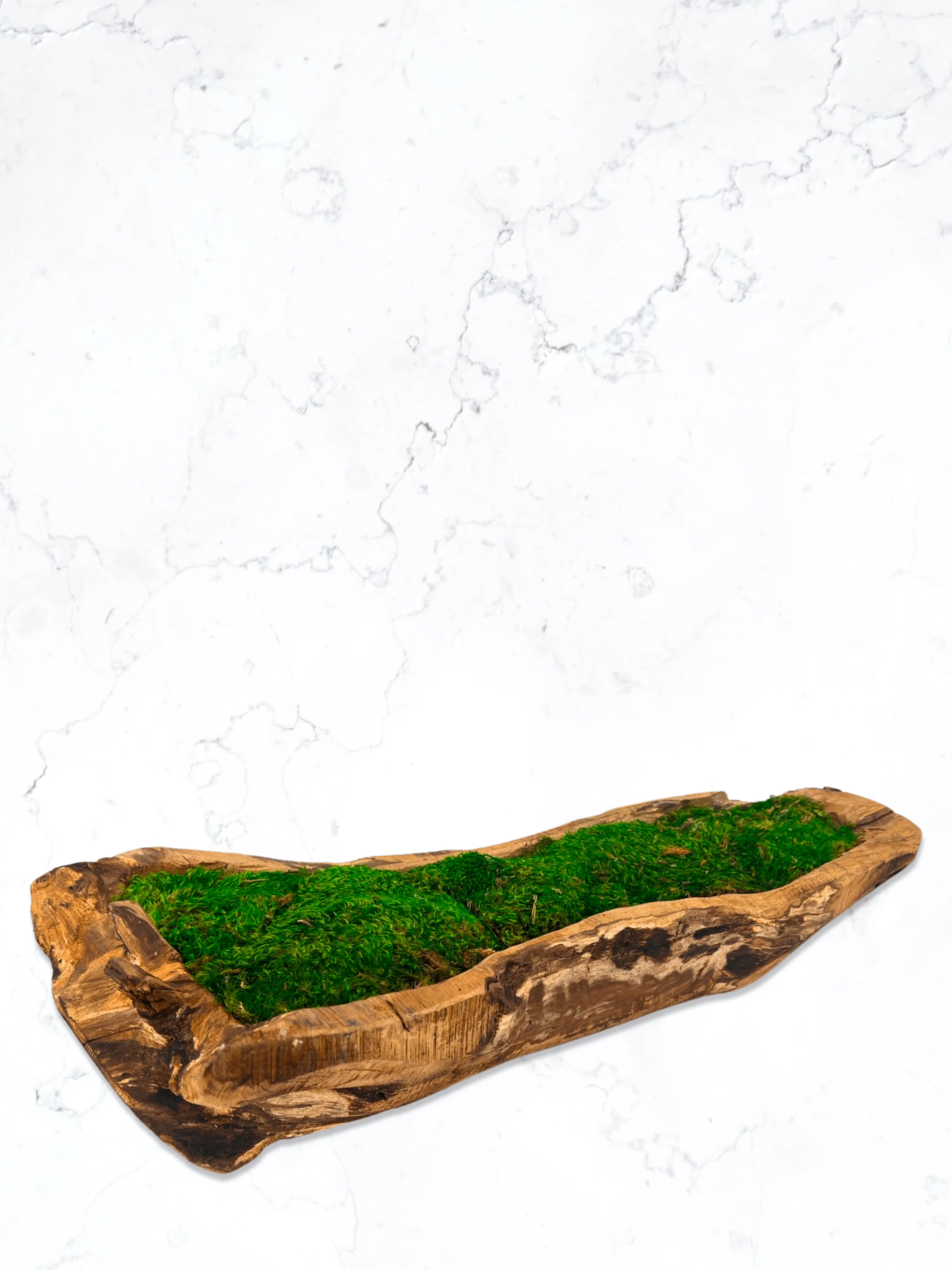 Carved Wooden Bowl Centerpiece with Lush Moss