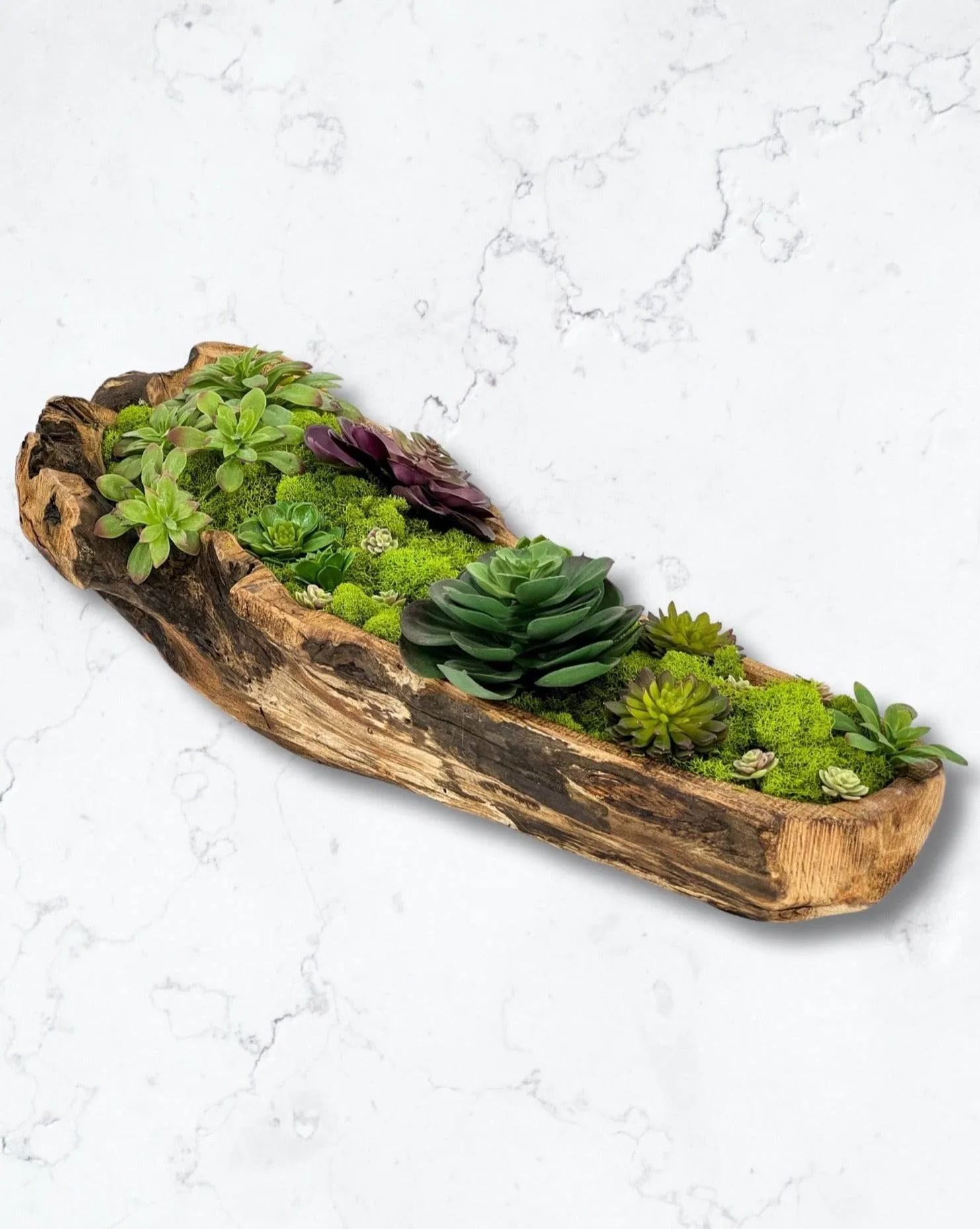 Carved Wooden Bowl Centerpiece with Lush Moss