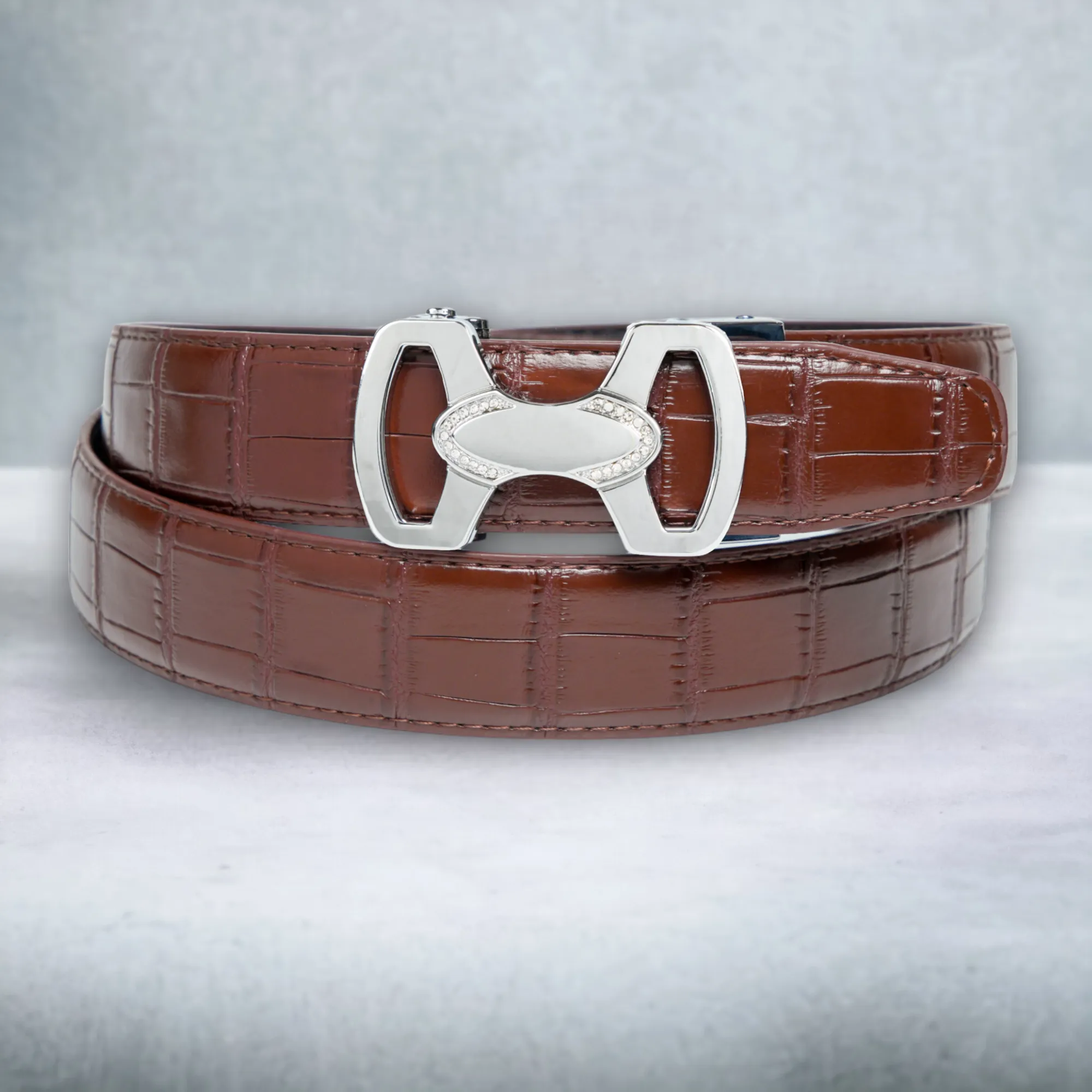 Chokore Crocodile Pattern Leather Belt (Brown & Silver)