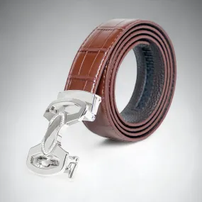 Chokore Crocodile Pattern Leather Belt (Brown & Silver)