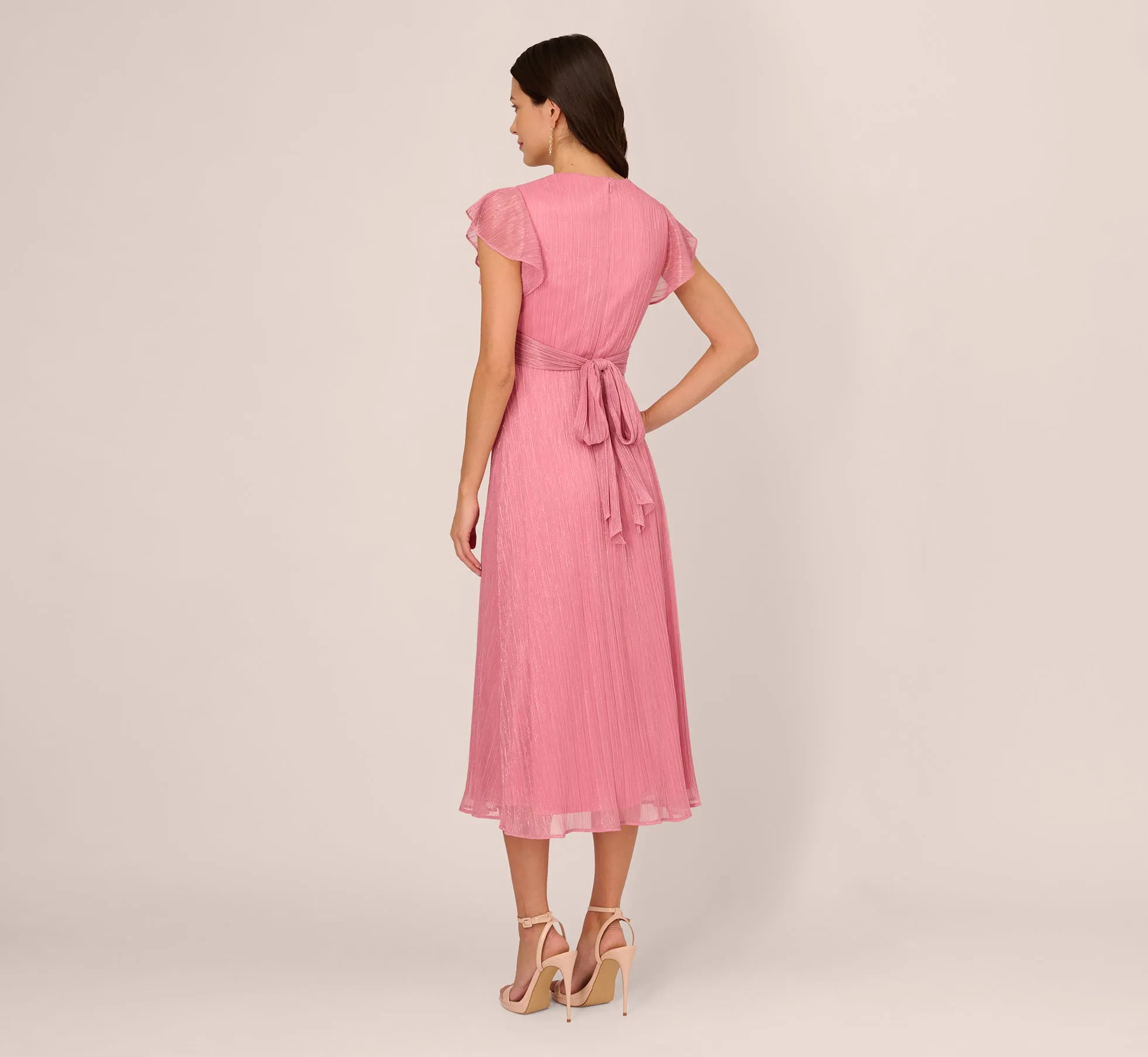 Crinkle Mesh Midi Dress With Flutter Sleeves In Faded Rose