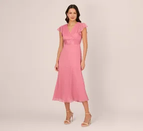 Crinkle Mesh Midi Dress With Flutter Sleeves In Faded Rose