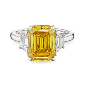 Emerald Cut Fancy Deep Brownish Yellow Diamond Ring with Trapezoids, 4 CT