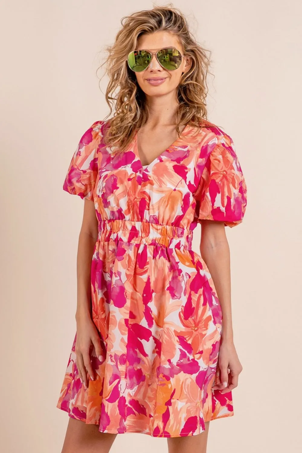 Explore More Collection - BiBi Floral V-Neck Puff Sleeve Mini Dress