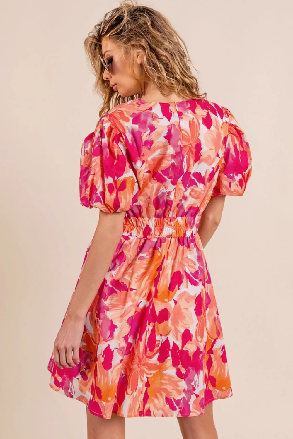 Explore More Collection - BiBi Floral V-Neck Puff Sleeve Mini Dress