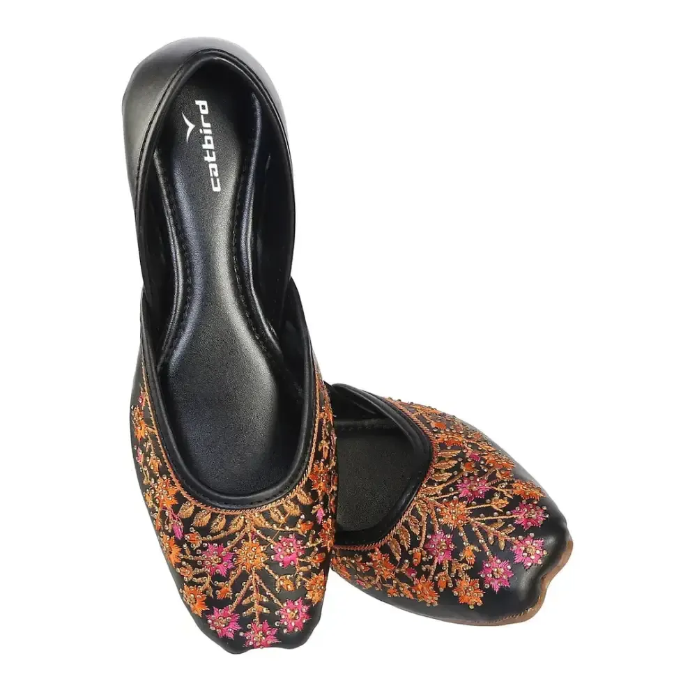 Fabulous Black Faux Leather Embroidered With Stone Work Ethnic Punjabi Jutis For Women