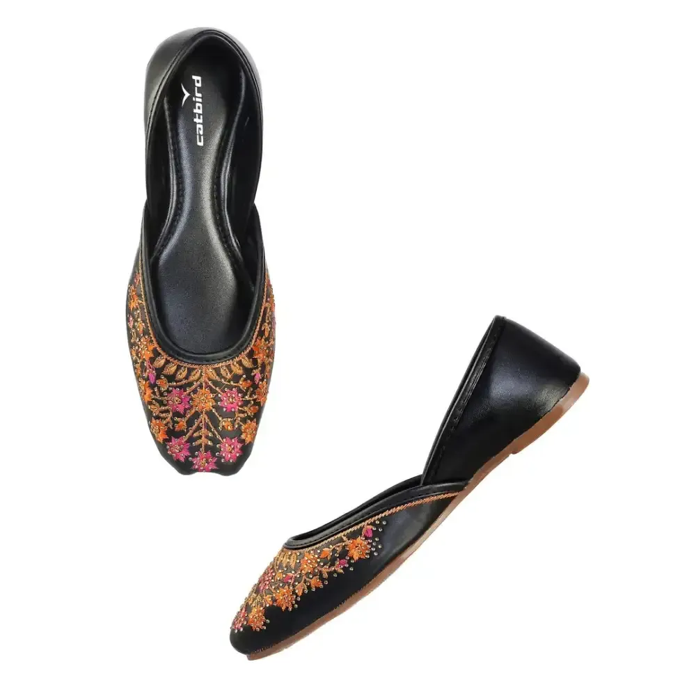 Fabulous Black Faux Leather Embroidered With Stone Work Ethnic Punjabi Jutis For Women