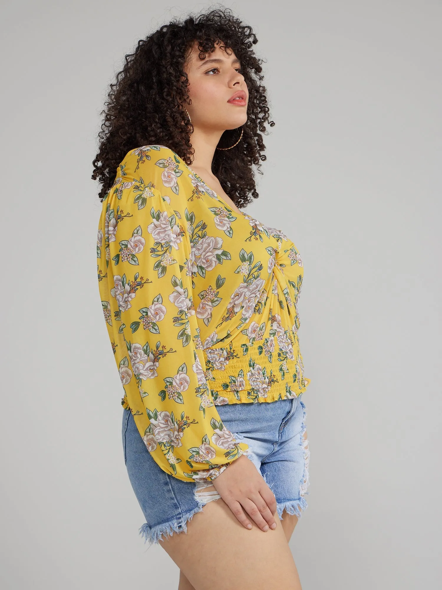 Fashion To Figure - Twist Front Floral Print Smocked Top