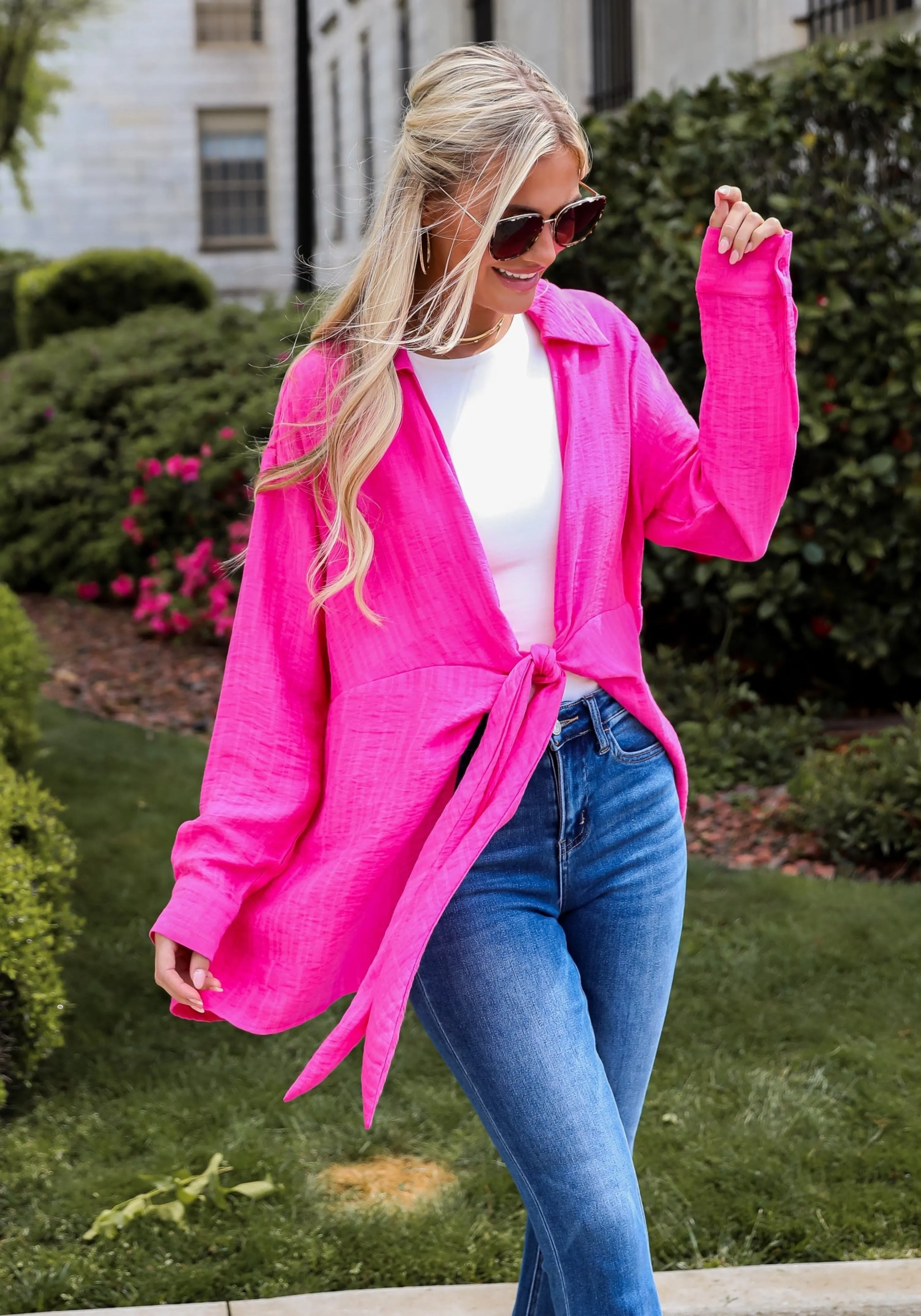 FINAL SALE - Redefined Elegance Hot Pink Tie-Front Blouse