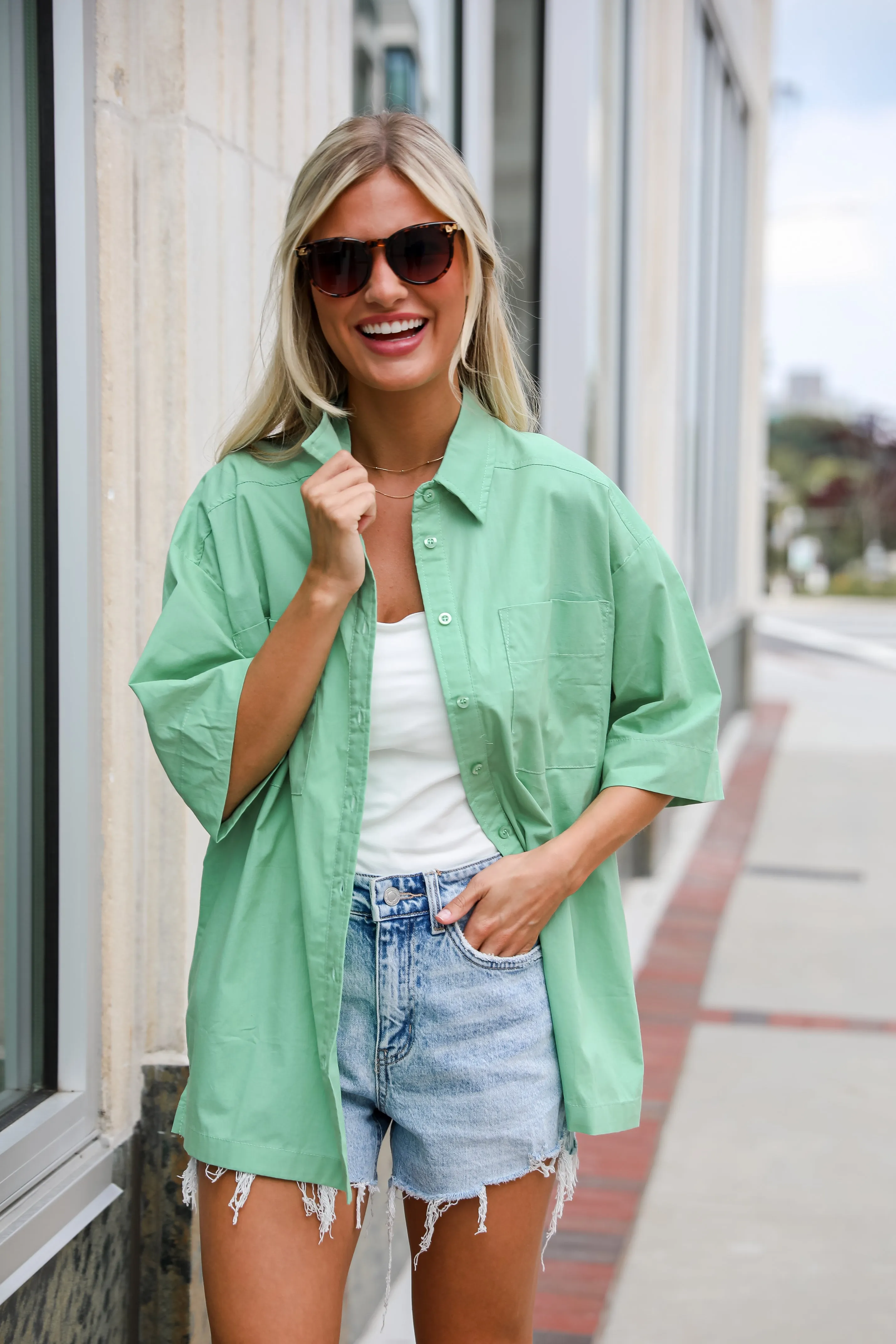 FINAL SALE - Totally Sensational Green Oversized Button-Up Blouse