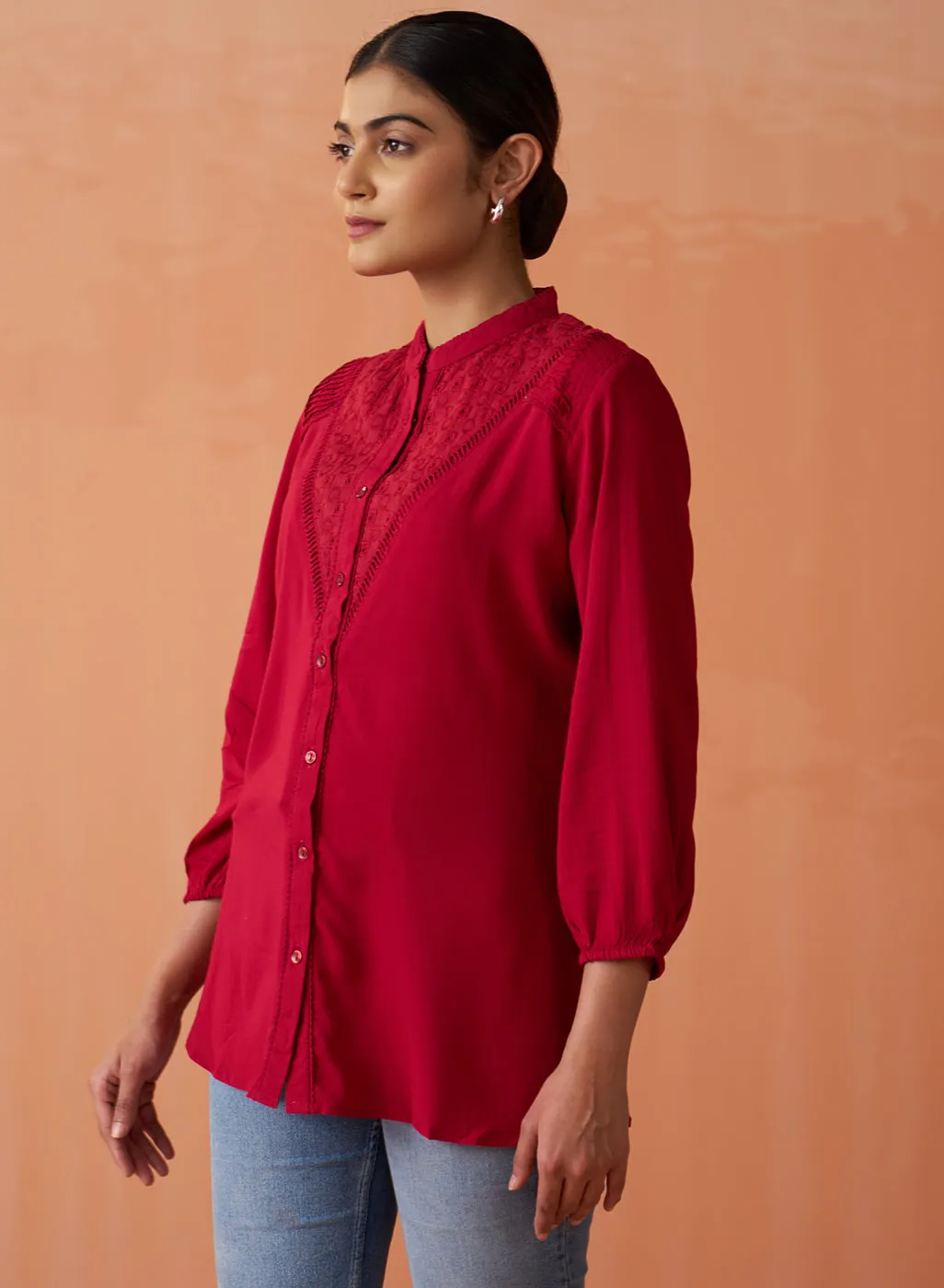 Gauhar Red Embroidered Shirt for Women