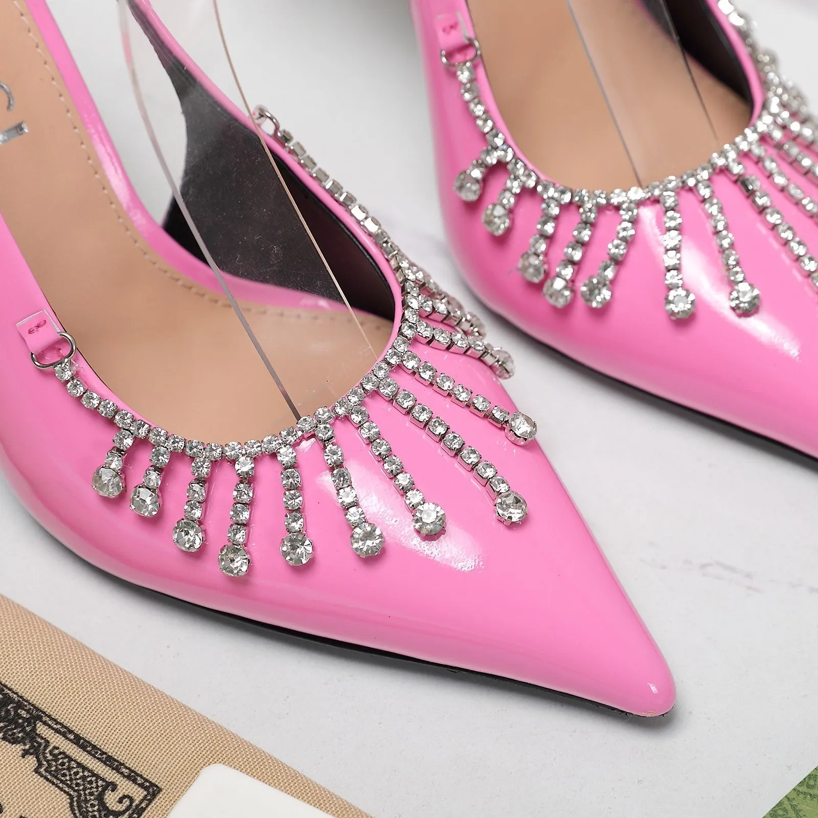 GG CRYSTAL HIGH HEEL SANDAL BRIGHT PINK LAMBSKIN