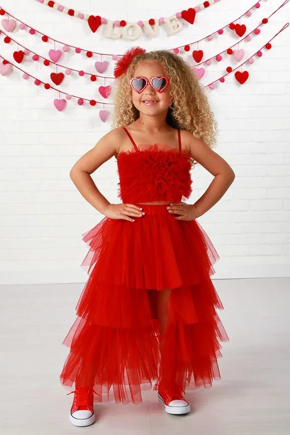 Girls Ruby Red Ruffle Layered Tulle Top Skirt 2 Piece Set, 12M-14