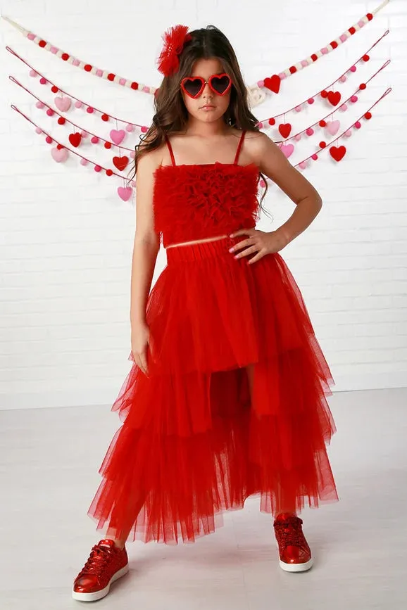 Girls Ruby Red Ruffle Layered Tulle Top Skirt 2 Piece Set, 12M-14