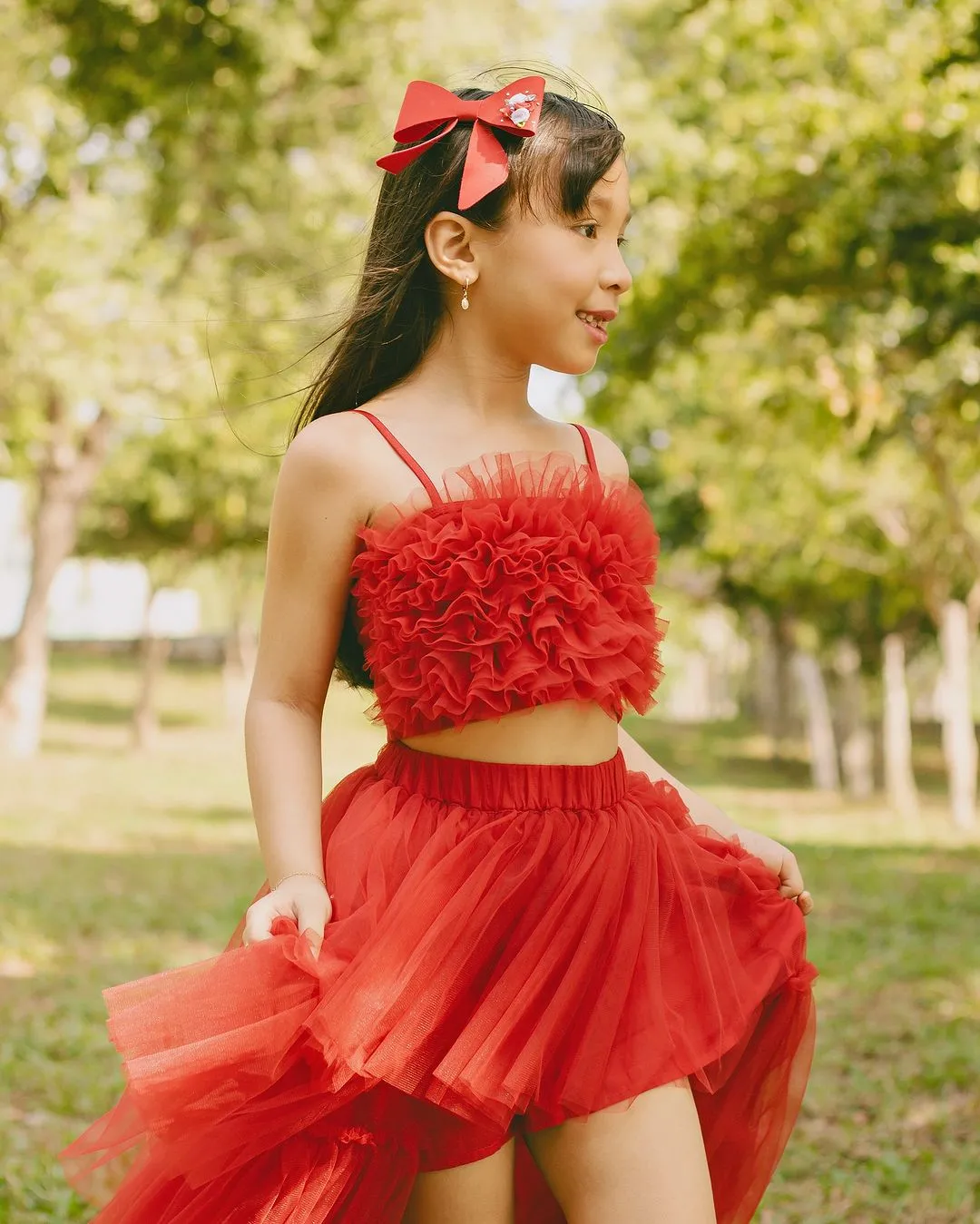 Girls Ruby Red Ruffle Layered Tulle Top Skirt 2 Piece Set, 12M-14