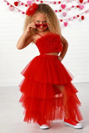 Girls Ruby Red Ruffle Layered Tulle Top Skirt 2 Piece Set, 12M-14