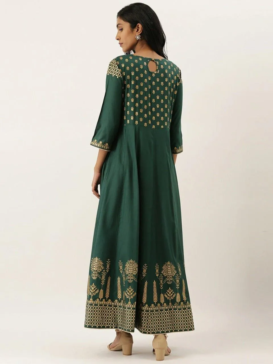 Green & Gold-Toned Printed A-Line Kurta