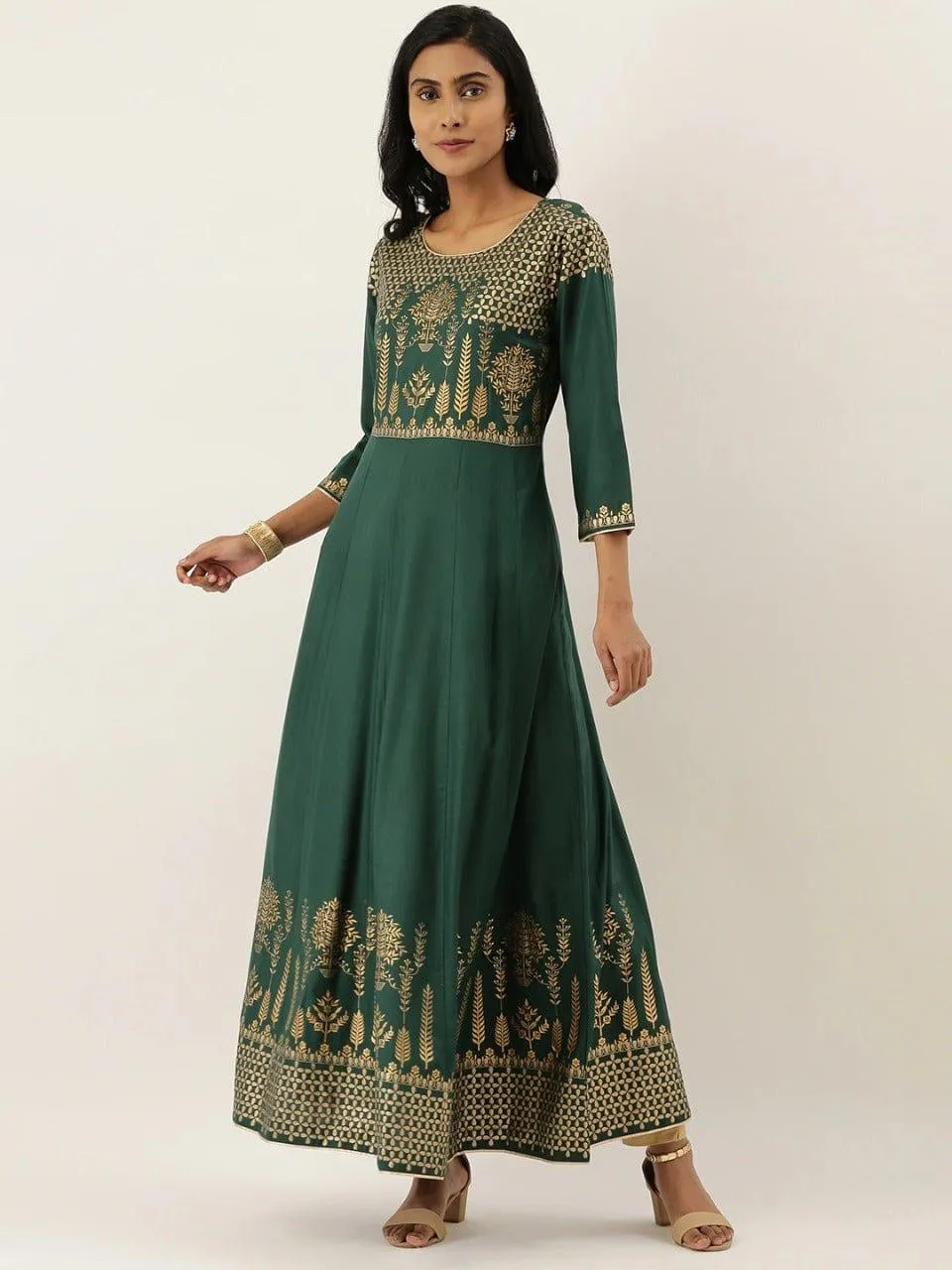 Green & Gold-Toned Printed A-Line Kurta