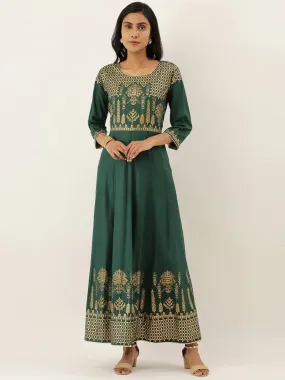 Green & Gold-Toned Printed A-Line Kurta