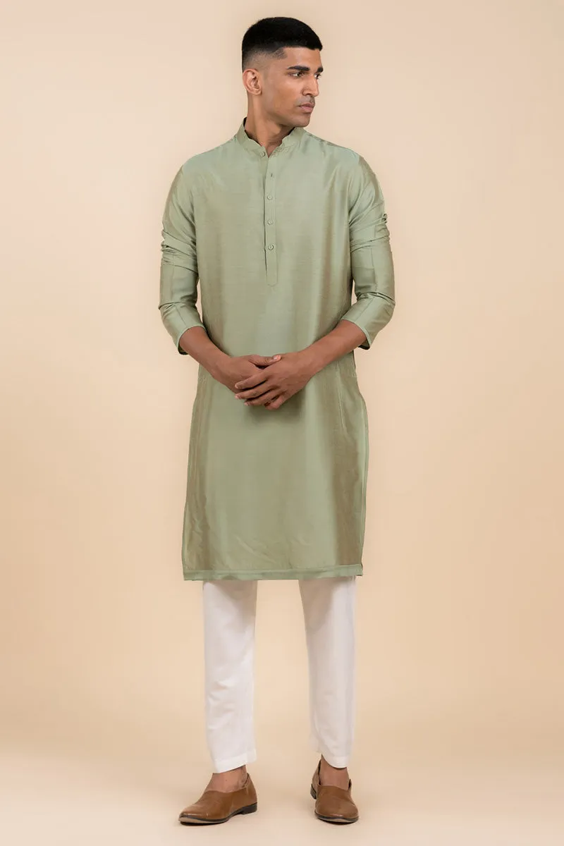 Green Single Kurta With Zero Point Collar